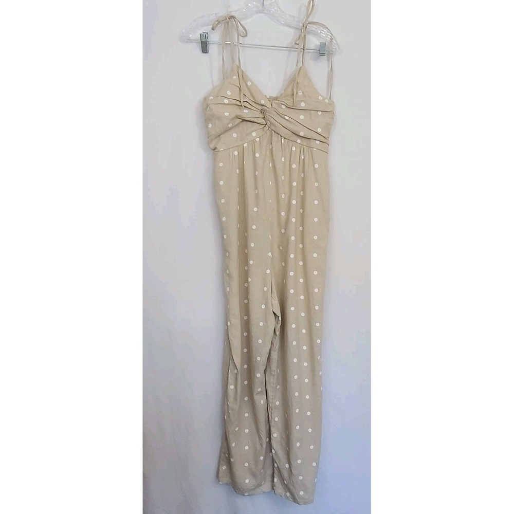 Old Navy Med Tan Polka Dots Linen Blend Jumpsuit Tie Straps Rushed Back Sexy Top